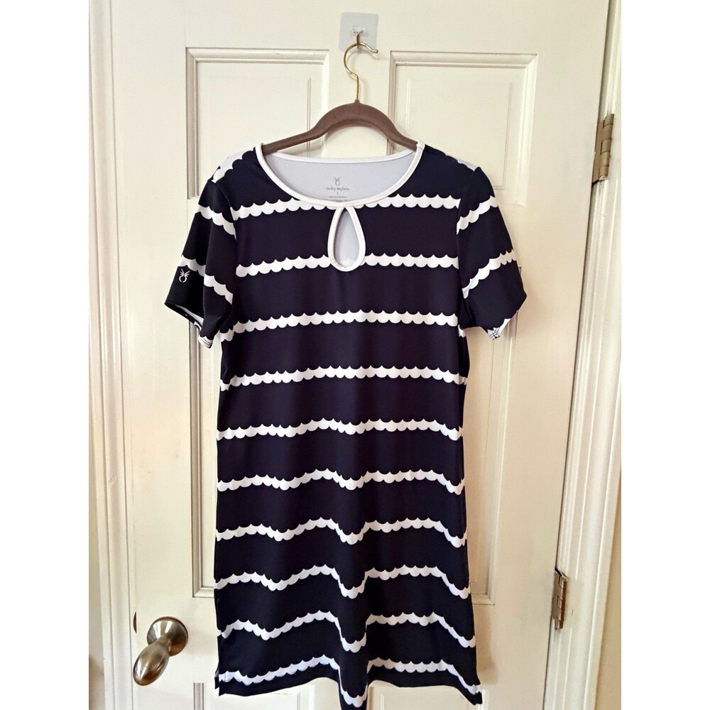 Dudley Stephens Dress Women’s L Navy White Scallop Stripe Keyhole Preppy
